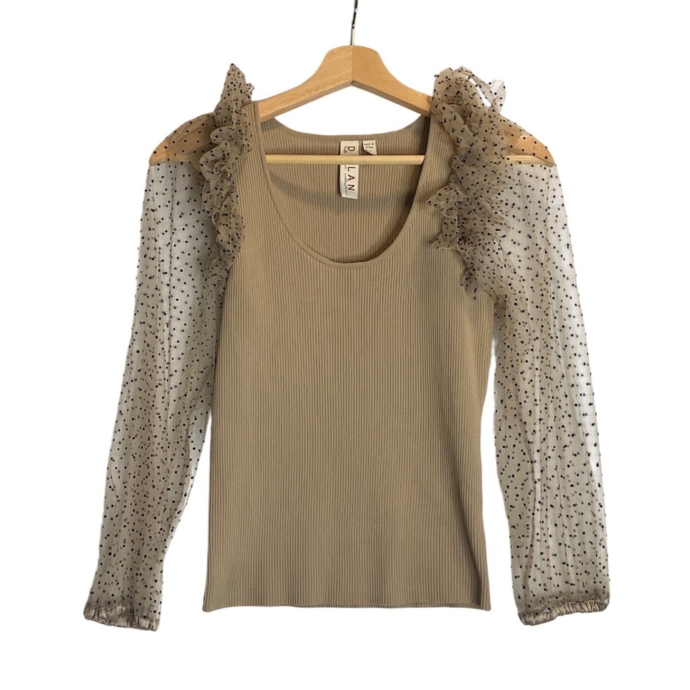 Dolan Anthropologie Ribbed Top Sheer Puff Polka Dot Sleeves Coquette Feminine  S - Picture 2 of 8